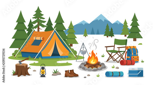 Outdoor camping scene with tent campfire trees mountains and camping gear in nature