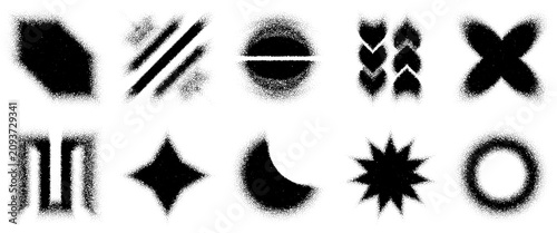 Grainy dotted square with blurred gradient texture and noisy sun burst. Star pattern logo in cloud sky shapes, spray blend mixture. Diagonal soft circle for round paint particles and zigzag moon ring