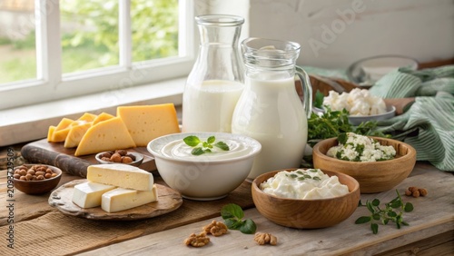 Assortment of dairy products including milk, cheese, and yogurt