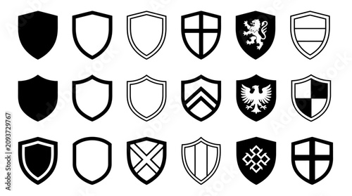 Foto Medieval heraldic shield icons set, 18 black and white coat of arms vector eleme