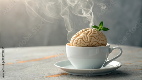 Brain in a coffee cup with steam, symbolizing mental stimulation