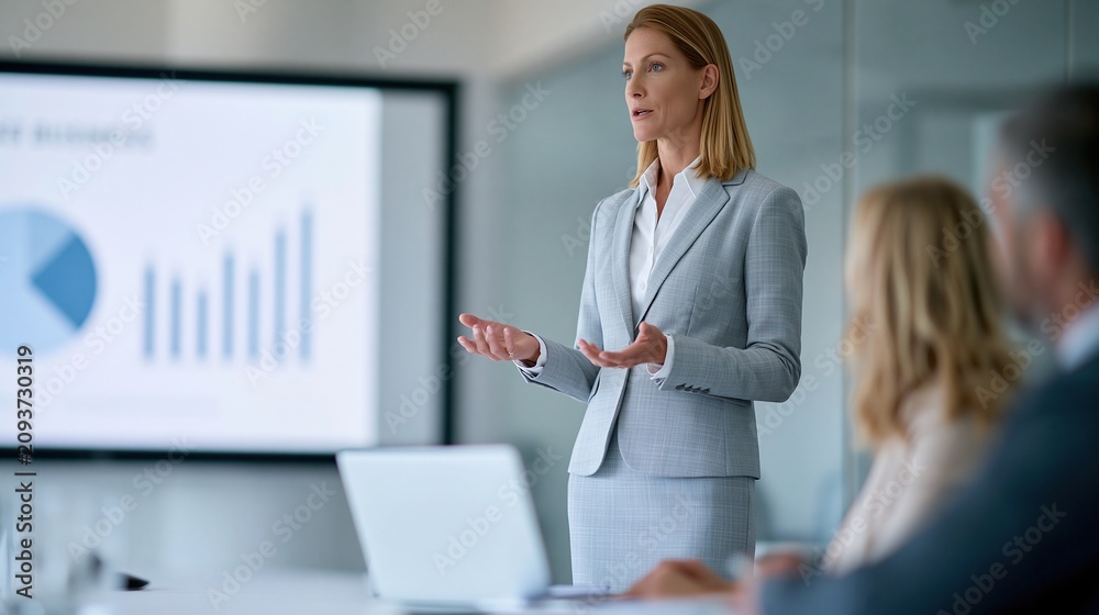 Naklejka premium Professional business woman confidently presenting data charts in a modern corporate meeting room