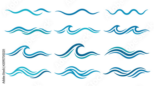 Collection of various blue wavy lines and curves representing water waves or flowing motion