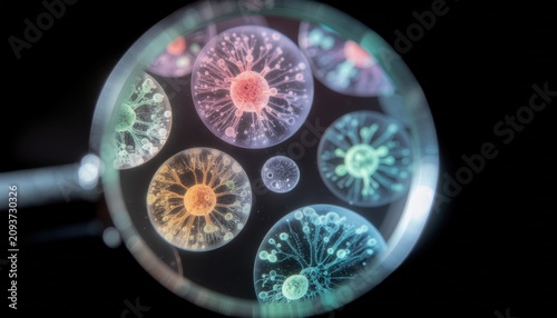 Vibrant cell cultures viewed under a microscope revealing intricate cellular structures and life processes
