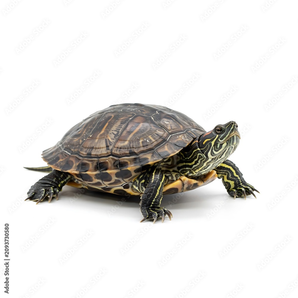 Obraz premium Turtle standing on white background with shell and legs visible
