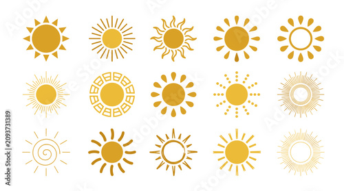 Collection of various sun icons representing different styles and designs for weather or solar themes