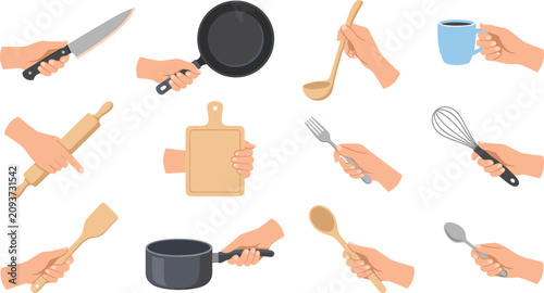 Foto Human hands holding various kitchen tools and cooking utensils including pan knife whisk spatula spoon and cutting board isolated on white background