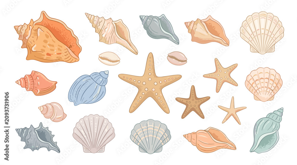 Fototapeta premium Collection of various seashells and starfish on a for marine and beach themes