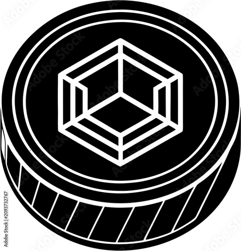 Black and white cube logo on a round badge