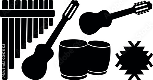 Foto Andean musical instruments silhouette collection featuring pan flute guitar drums ornament