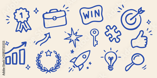 Success And Achievement Icons in Hand Drawn Doodle Style Set. Business Growth, Goal Setting, Innovation And Career Progress Collection. Motivation Symbols. Isolated Vector Illustration