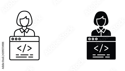 Canvas Print Female web developer icon with coding syntax and programming brackets for softwa