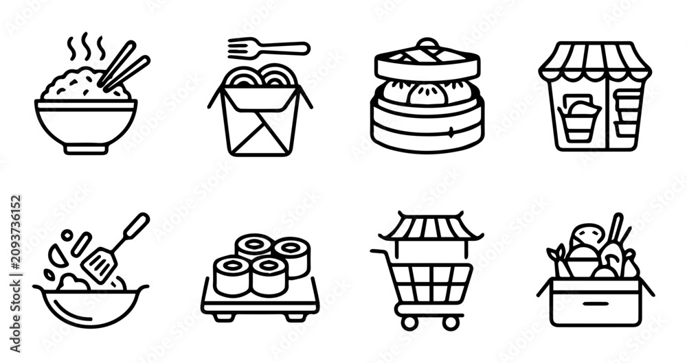 Fototapeta premium 10 Asian food icons, restaurant, delivery, cooking, sushi, shopping cart, outline solid styles, UI and web interface design