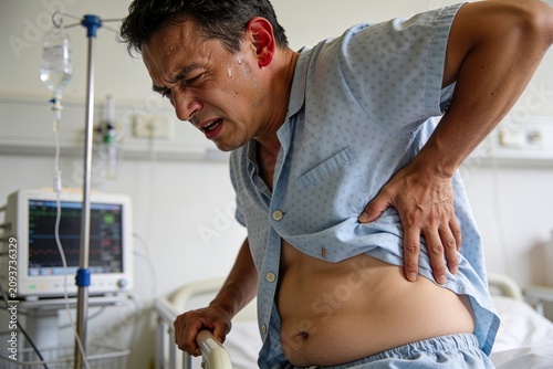 Patient in a hospital bed experiences acute flank pain while reaching for the side rail support.