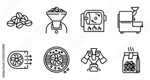 Coffee bean processing icons, roasting machine, grinder, cooling equipment, packaging, outline solid styles, UI and web interface design