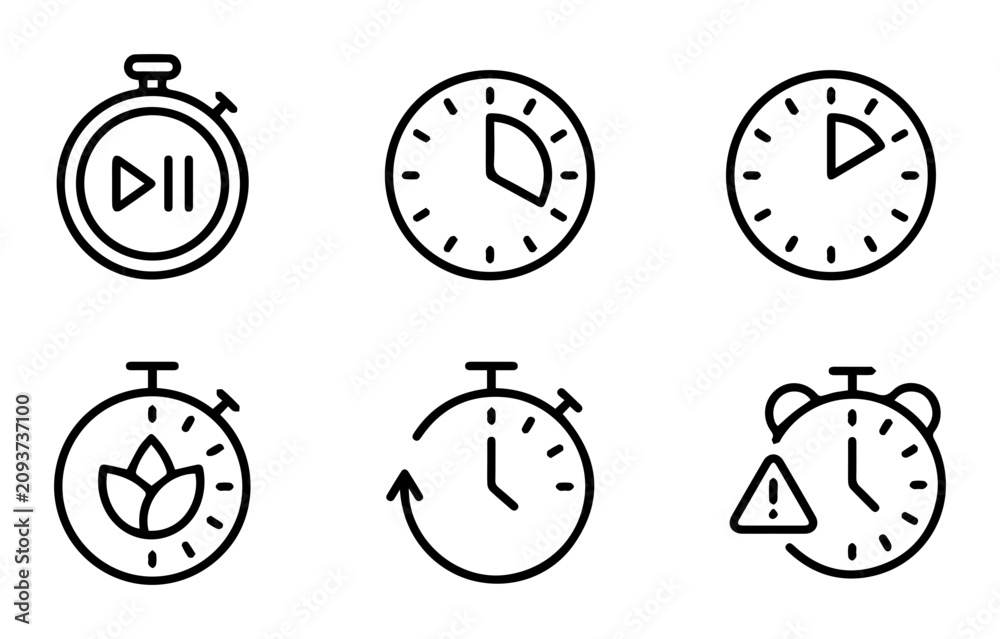 Fototapeta premium 6 Timer and Clock icons, stopwatch, alarm, timer, countdown, outline solid styles, UI and web interface design