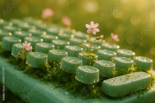 Conceptual surreal art of a computer keyboard overgrown with green moss and small flowers