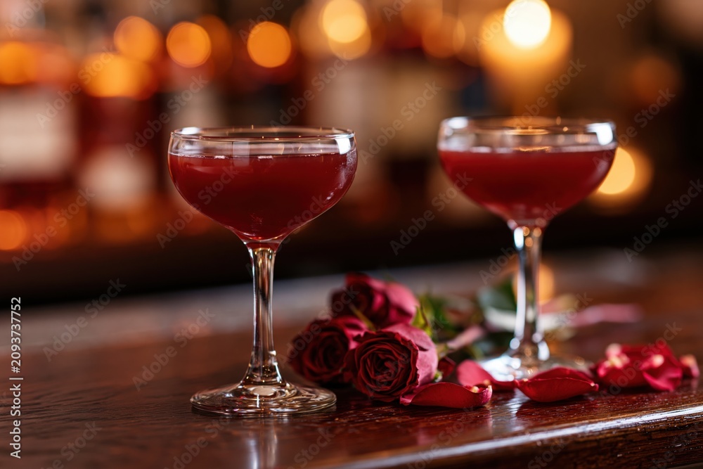 Fototapeta premium The Coupe Glasses with Red Cocktails and Rose Petals on a Bar