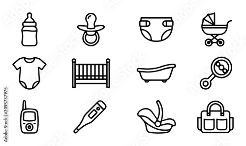 12 Baby Care icons, baby bottle, pacifier, diaper, stroller, outline solid styles, UI and web interface design