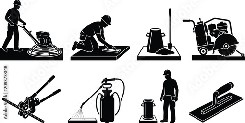 Photography Concrete construction and masonry work icon set featuring black silhouettes of p