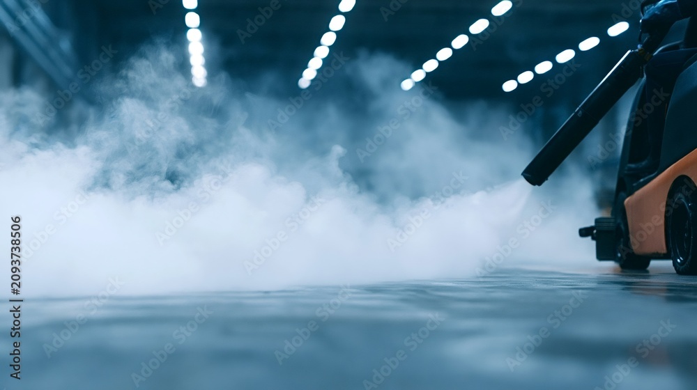 Obraz premium Dry ice blasting equipment generating cold carbon dioxide smoke while cleaning a concrete factory floor in an industrial warehouse, showcasing modern maintenance technology