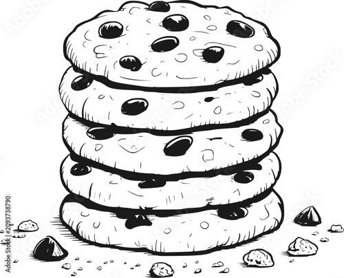 Bild auf Leinwand シンプルな白黒の線画スタイルで描かれたおいしいチョコチップクッキーの山