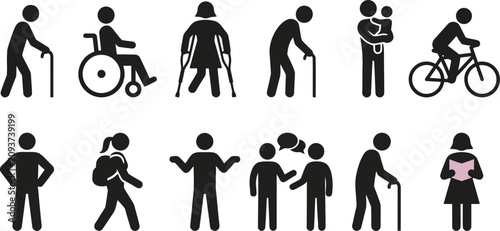 Accessibility pictograms set diverse people with disabilities and daily activities icons