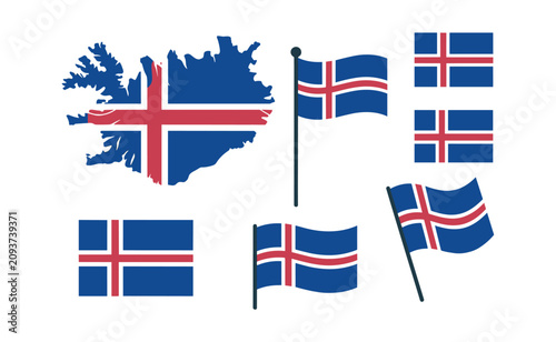 Icelandic Flag Collection: A vibrant display of the Icelandic flag in various forms, including its map outline. National symbol, proud heritage, travel destination, Scandinavian country.