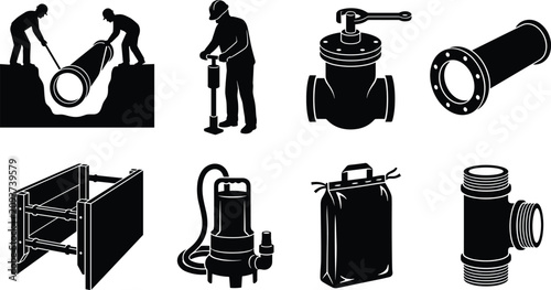 Underground pipeline installation and civil engineering icon set featuring black silhouettes of pipe layers trenching equipment pumps and valves