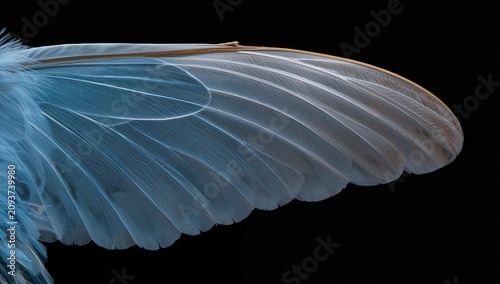 Close-up of a blue bird feather showcasing intricate details and delicate structures against a black background, highlighting its unique texture and coloration