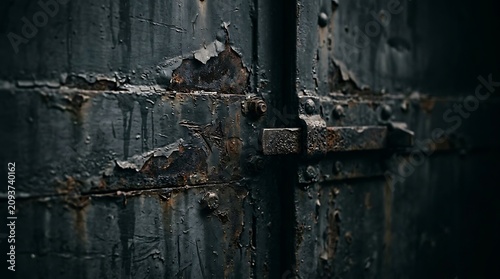 Grungy old industrial door with heavy metal latch, rivets, and peeling dark grey paint texture.