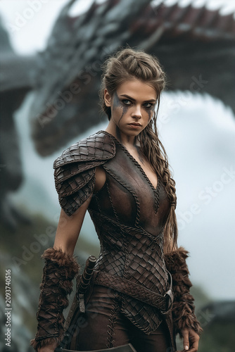 Female warrior and her dragon