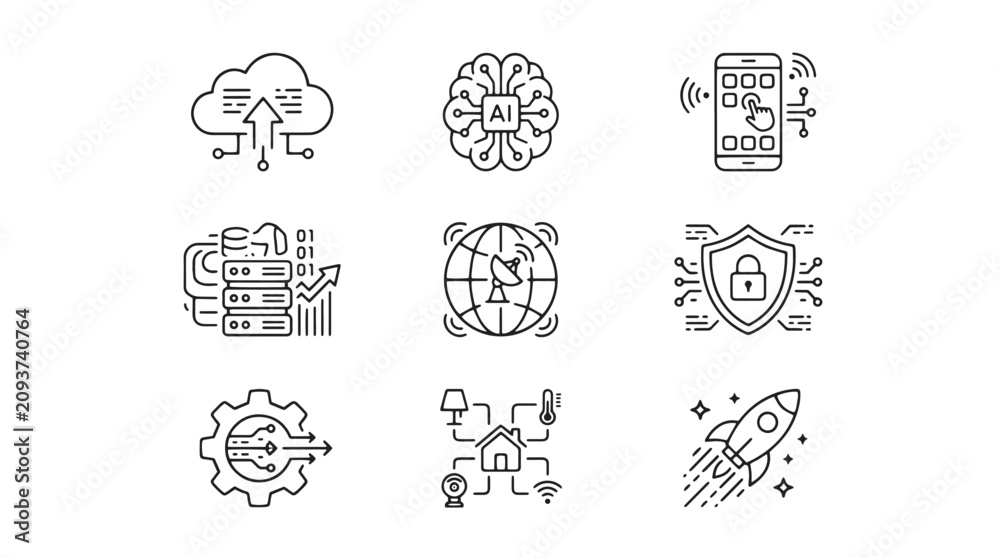 Fototapeta premium Modern technology line icons set, 9 digital innovation vector elements, artificial intelligence and cloud computing symbols for business web design