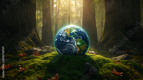 Glowing Earth Sphere Rests on Mossy Forest Floor with Sunbeams