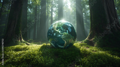 Glowing Earth Sphere Rests on Mossy Forest Floor with Sunbeams