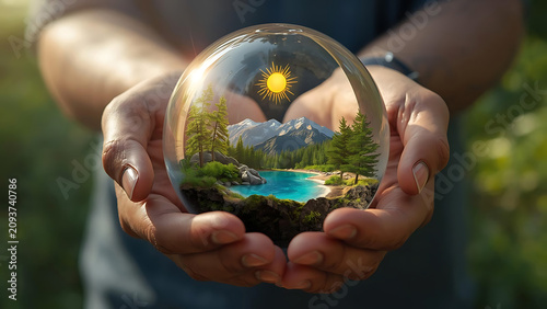 Hands holding a crystal ball with a miniature pristine landscape, sun, and mountains