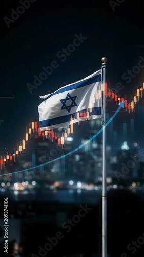 Israeli flag on flagpole over harbor at night