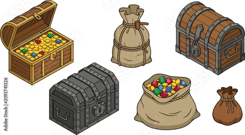 Принти на полотні Isometric Treasure Chest and Gold Coin Loot Bag Vector Icon Set Featuring Iron S