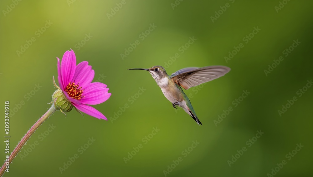 Fototapeta premium Hummingbird hovering near pink flower with green blurred background, showcasing vibrant colors and intricate details of nature in a garden setting