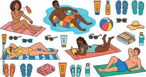 Photos Summer Beach Vector Illustration Collection Featuring Diverse People Sunbathing