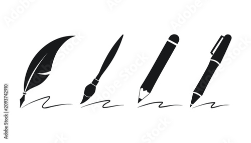 Black of a feather quill, paintbrush, graphite pencil, and ballpoint pen on white