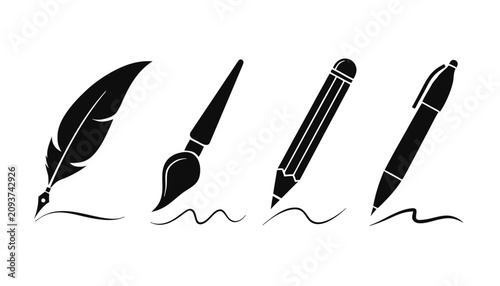 Black of a feather quill, paintbrush, graphite pencil, and ballpoint pen on white