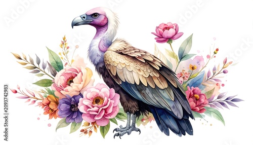 A vibrant bird with pink, white, and brown feathers standing amidst a colorful arrangement of flowers and green leaves on a white background