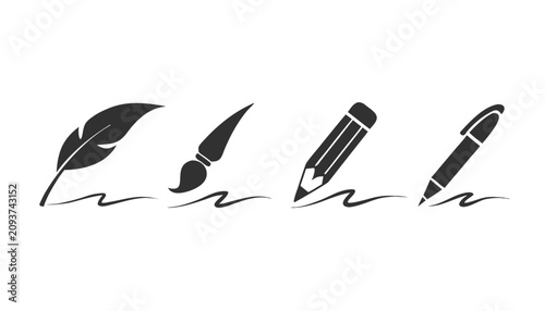 Dark gray of a feather quill, paintbrush, graphite pencil, and ballpoint pen on white
