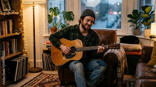 Man with beard wearing beanie playing acoustic guitar in cozy room by window bookshelf records plants warm lighting relaxed hobby lifestyle.