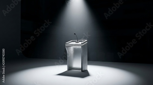 Empty modern podium with microphone under bright spotlight in dark studio, stage for speech.