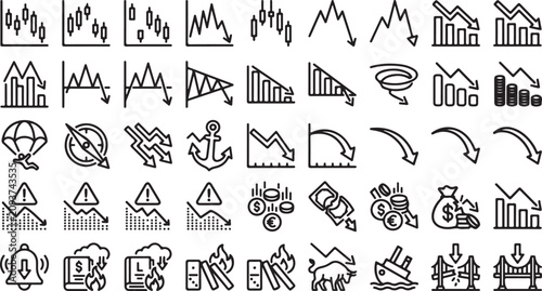 Fotografía Set of hand drawn financial crisis and economic recession line icons for busines