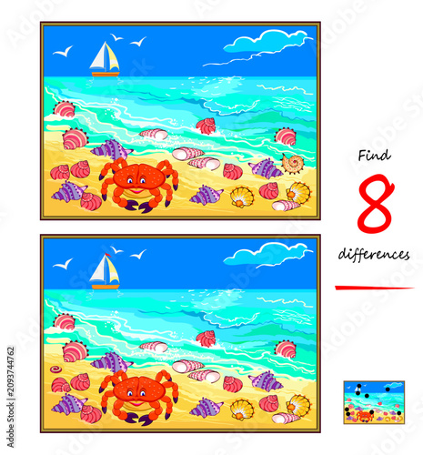 Find 8 differences. Drawing of a sea coast with a crab and seashells. Logic puzzle game for children and adults. Brain teaser book. IQ test for smartest. Game find and search. Hand drawn vector.