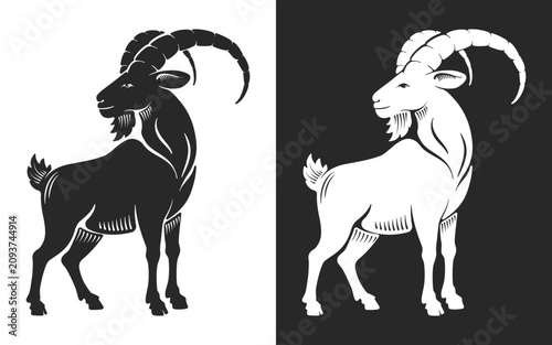 Goat silhouette set. Isolated on black or white backgrounds. Drawing of Goat for 2027 Chinese New Year. Noble mountain goat, ibex. Vector illustration