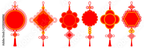 Set of Chinese decorations. Woven pendants with various endless knots, tassel, coins. Using for good luck and fortune. Featured in circle, rhombus, flowers and hexagon shape. Vector illustration